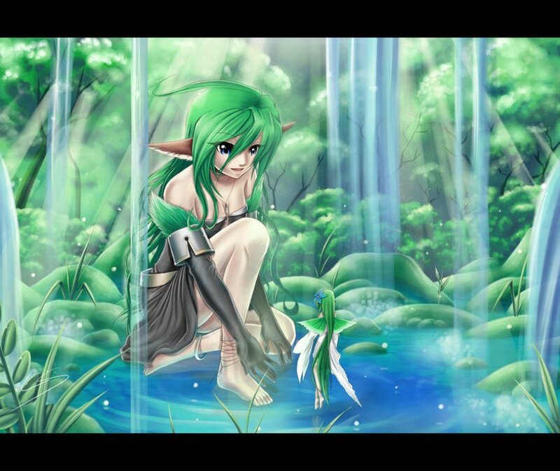 Green-haired elf in a forest stream