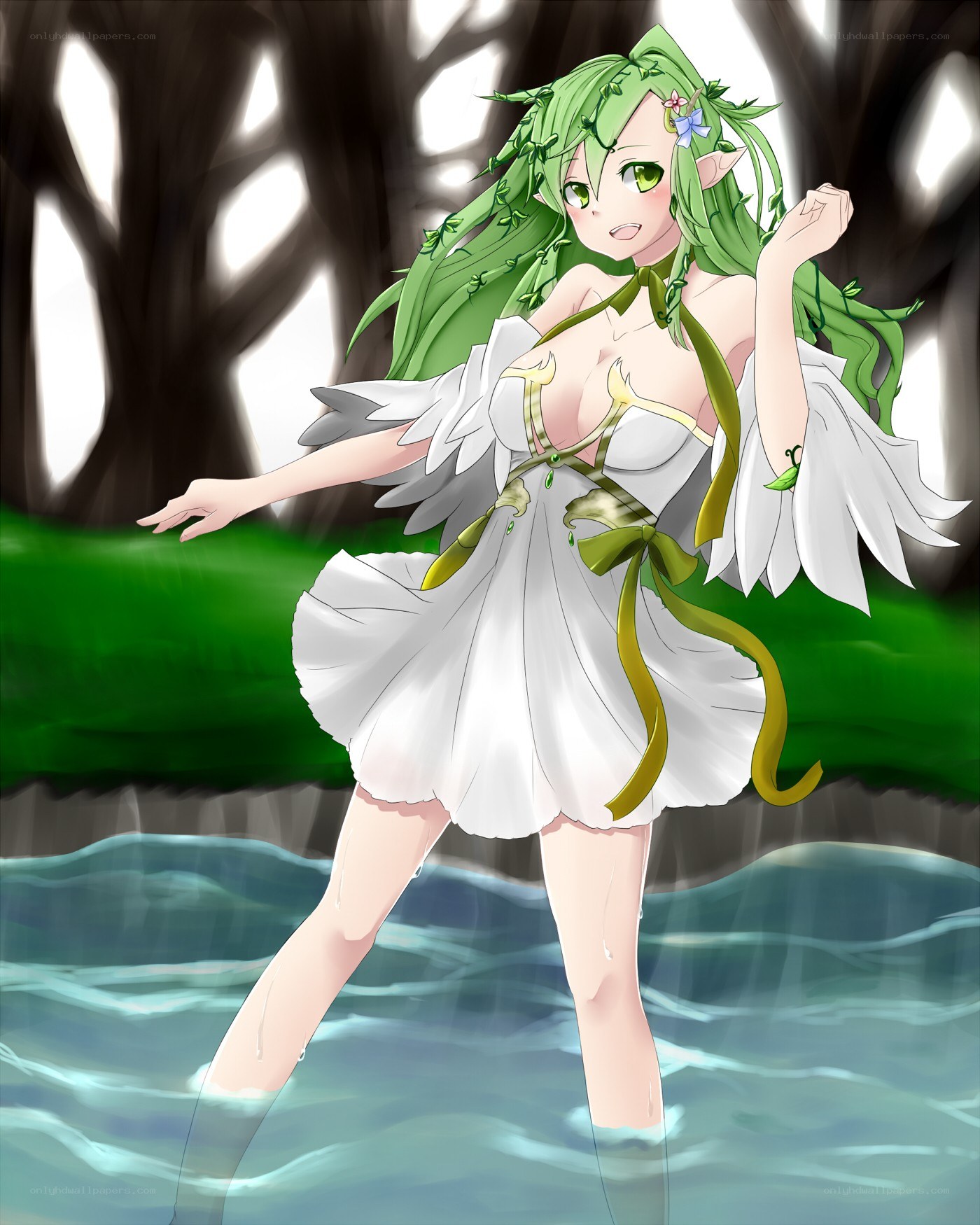 green-haired elf in a forest stream