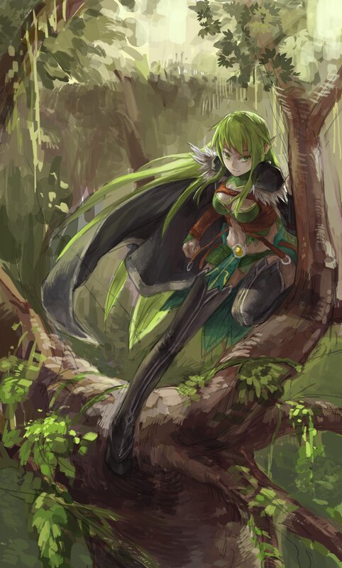 Green-haired Elf in Forest — Green