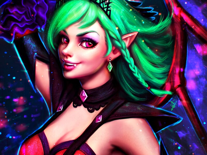 Green-haired Elf Woman — Green, Dramatic, Night