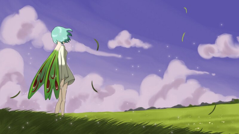 green-haired fairy in a field