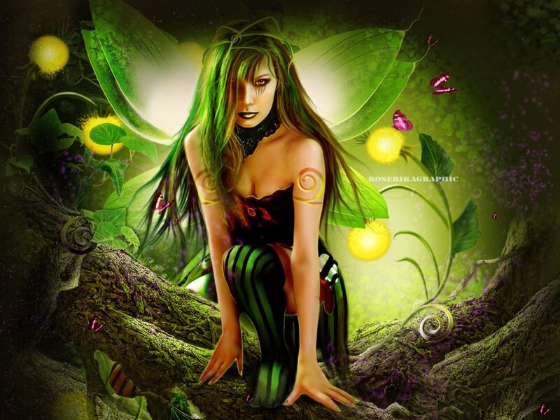 Green-haired Fairy on Branch — Green, Mystical