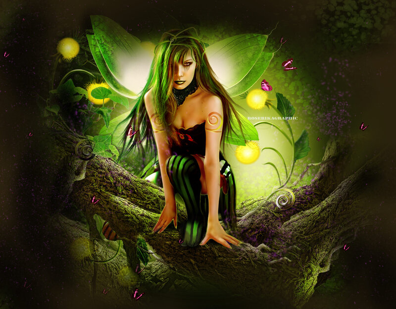 Green-haired Fairy on Branch — Green