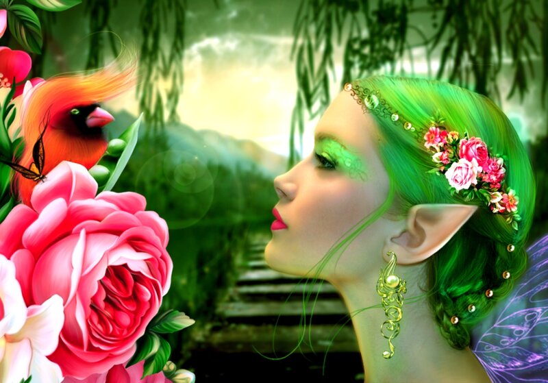 Green-haired Fairy with Bird