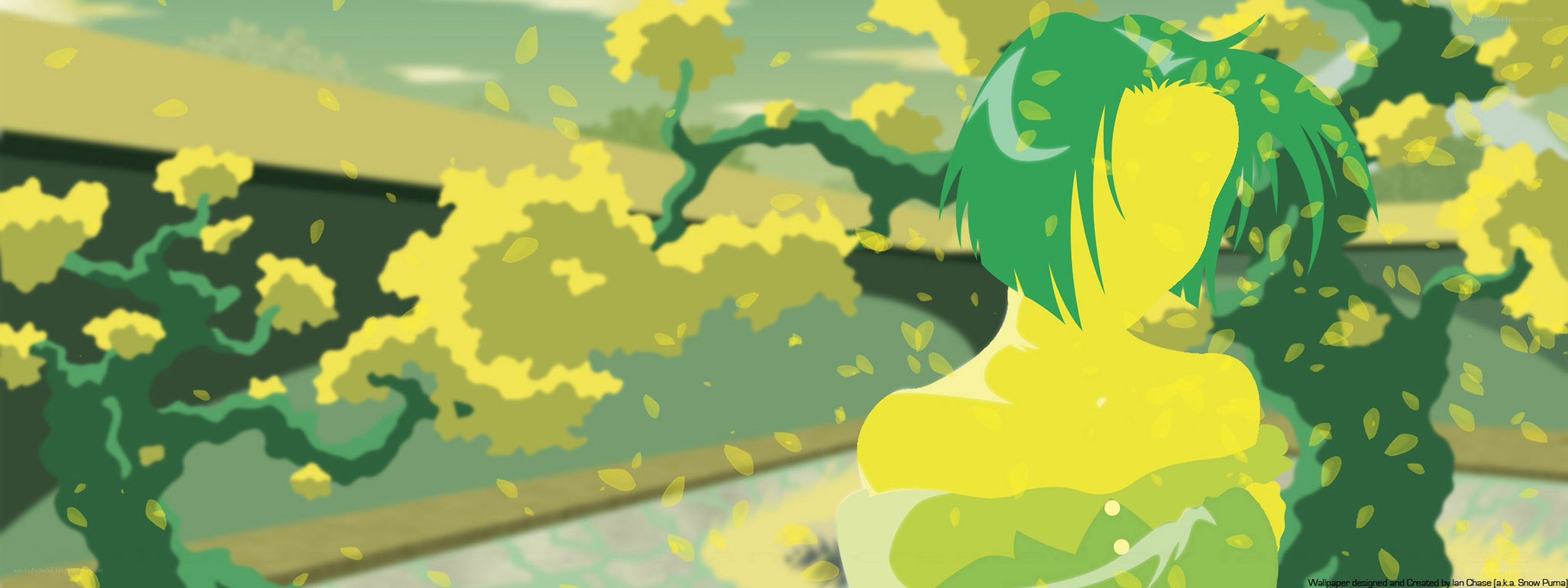 green-haired figure in a garden