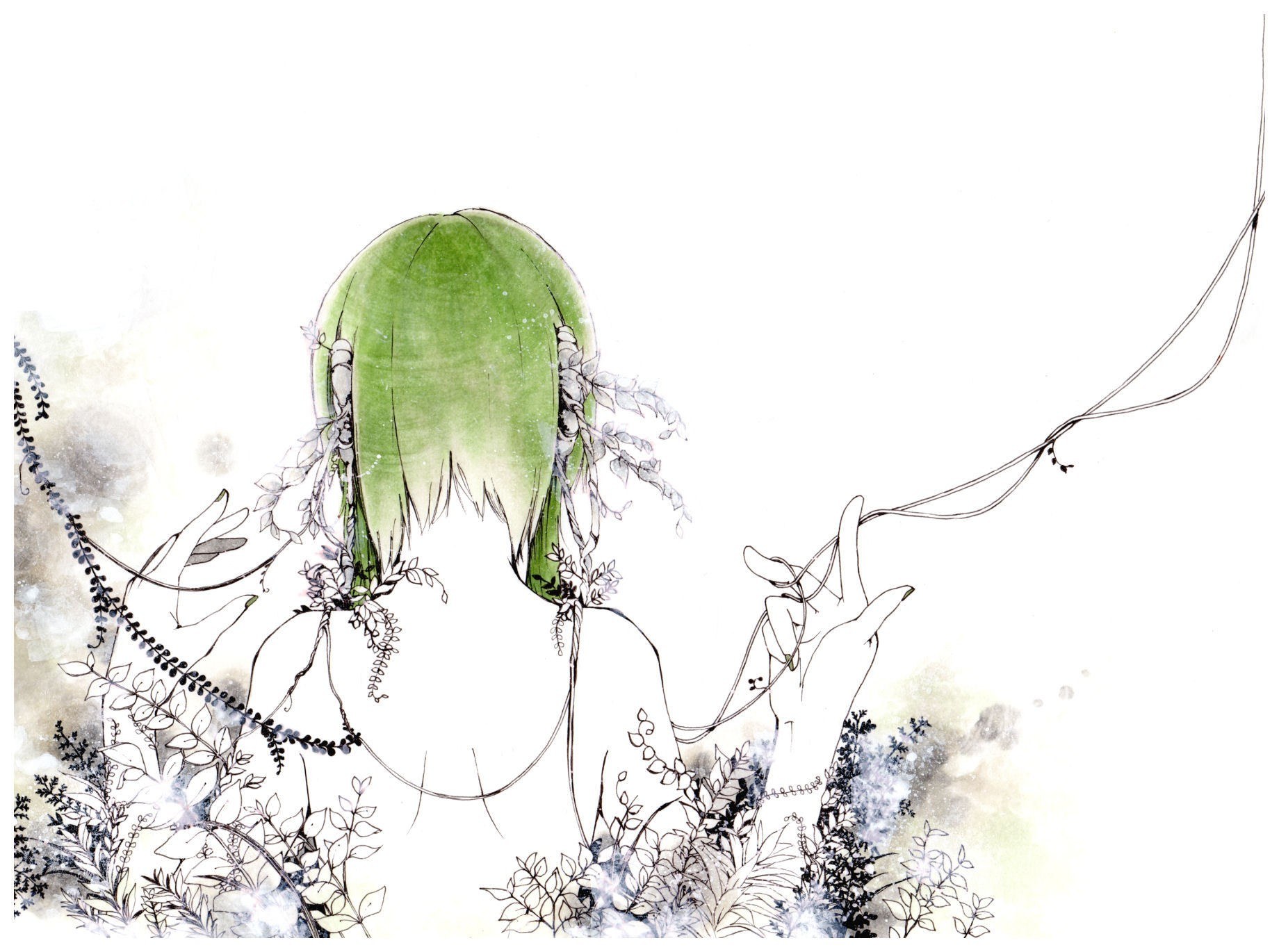 green-haired figure in plants