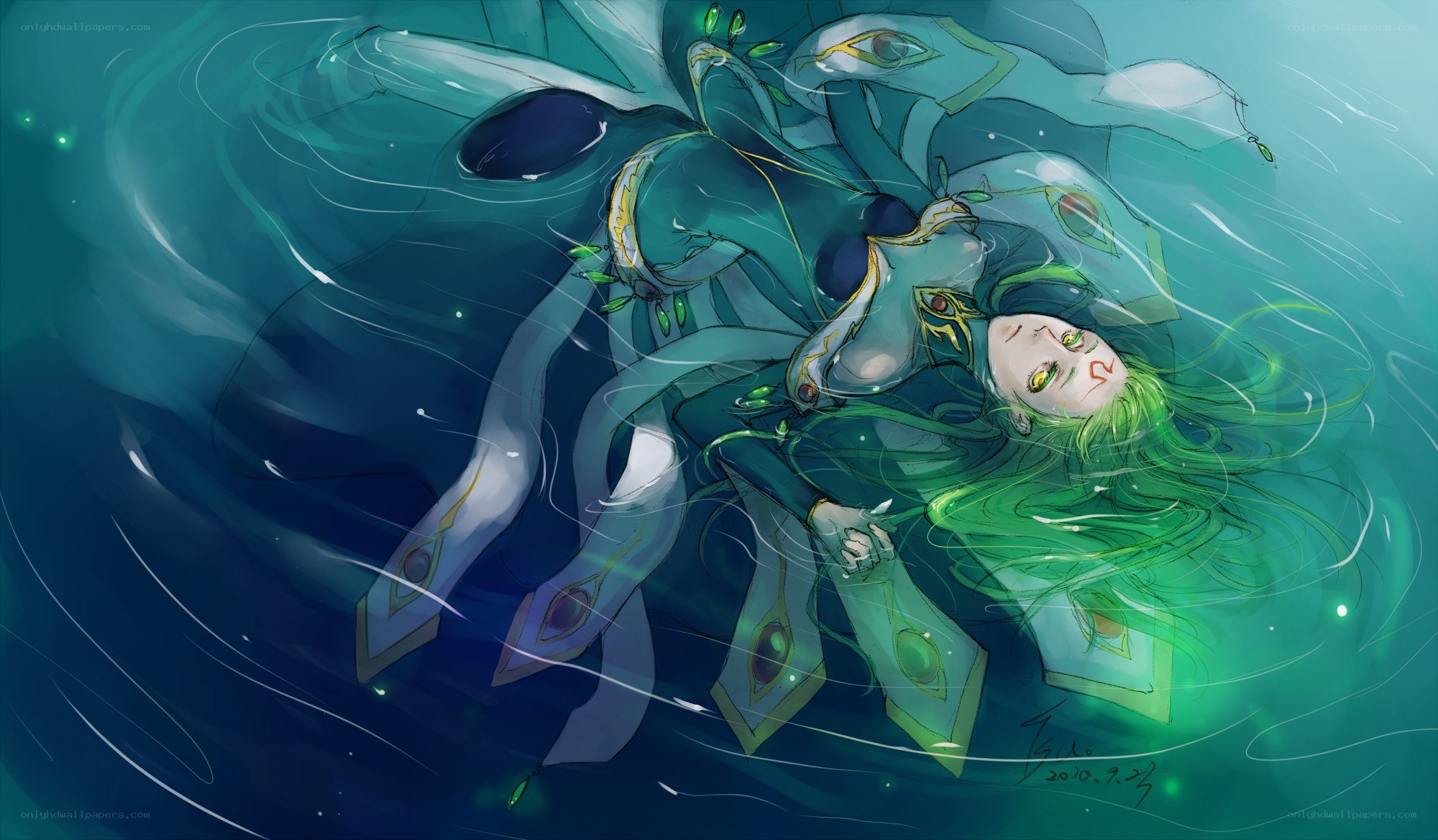 green-haired figure in water