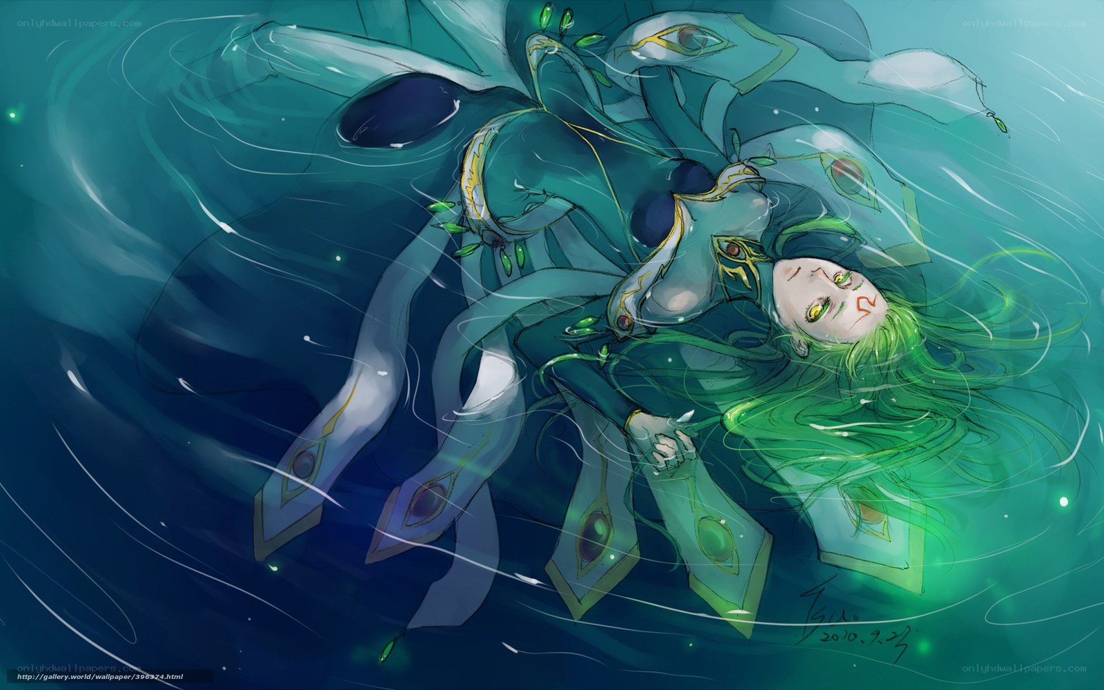 green-haired figure in water