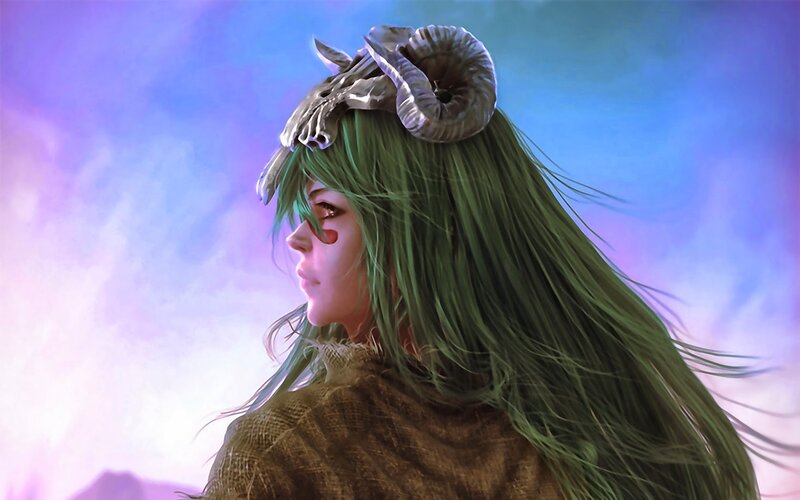 Green-haired Figure with Ram Horns — Green