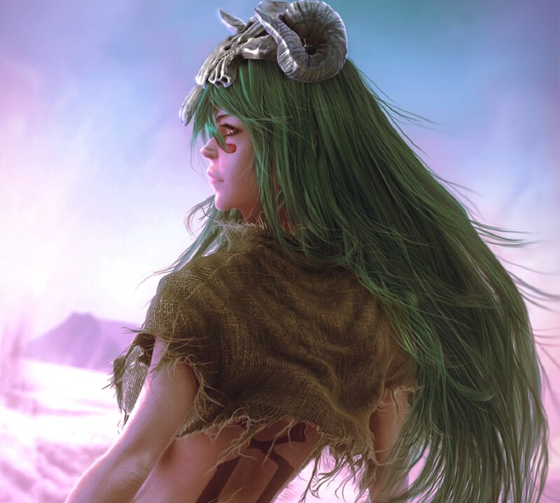 Green-haired Figure with Ram Horns
