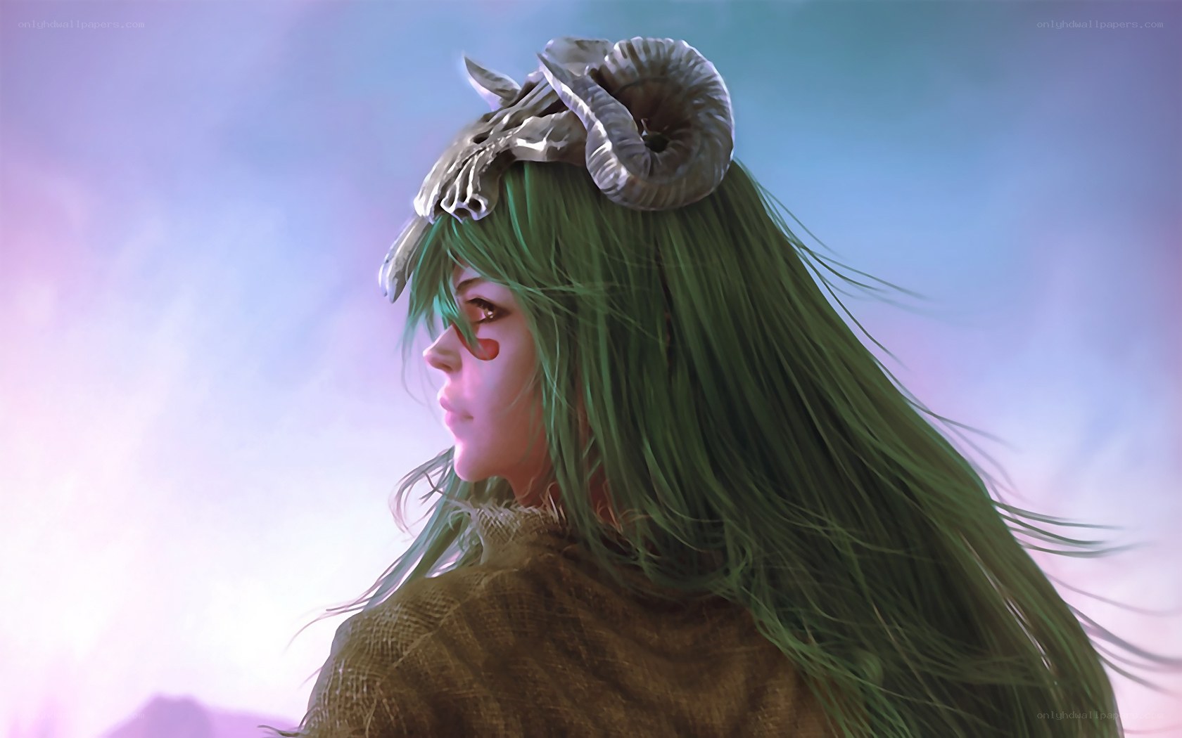 green-haired figure with ram skull