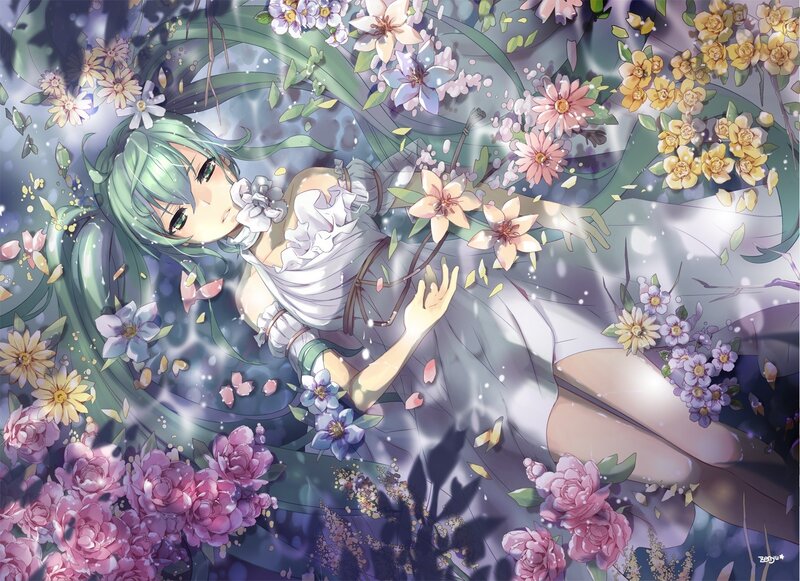 green-haired girl among flowers