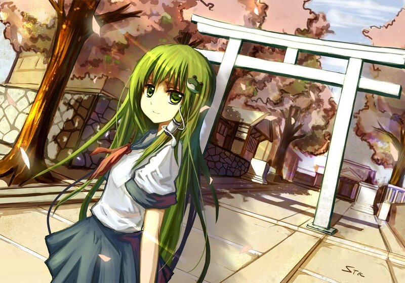 green-haired girl at a shrine