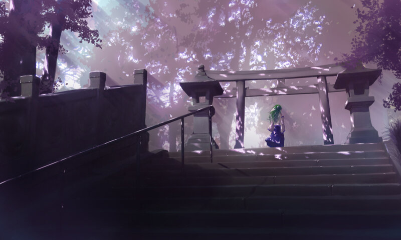green-haired girl at a shrine