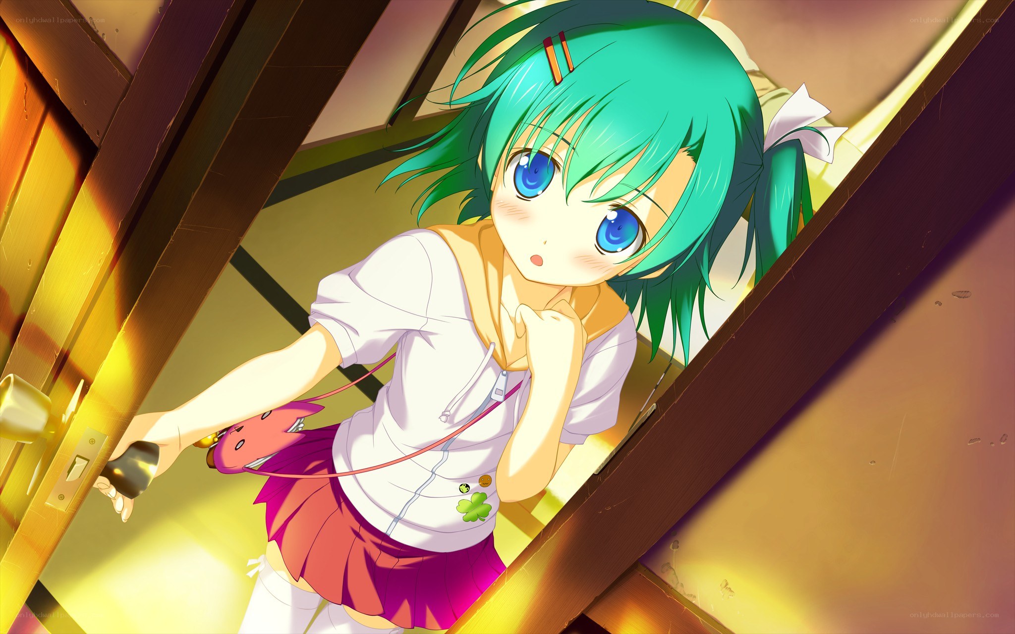 green-haired girl at door