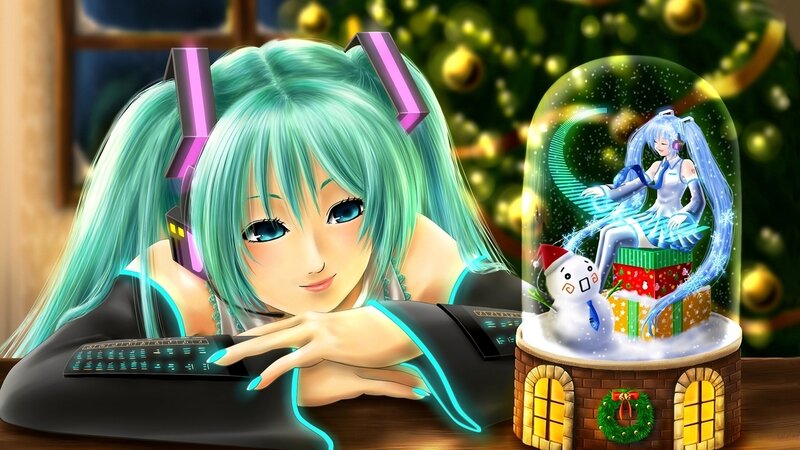 Green-haired Girl at Keyboard — Cyan, Festive