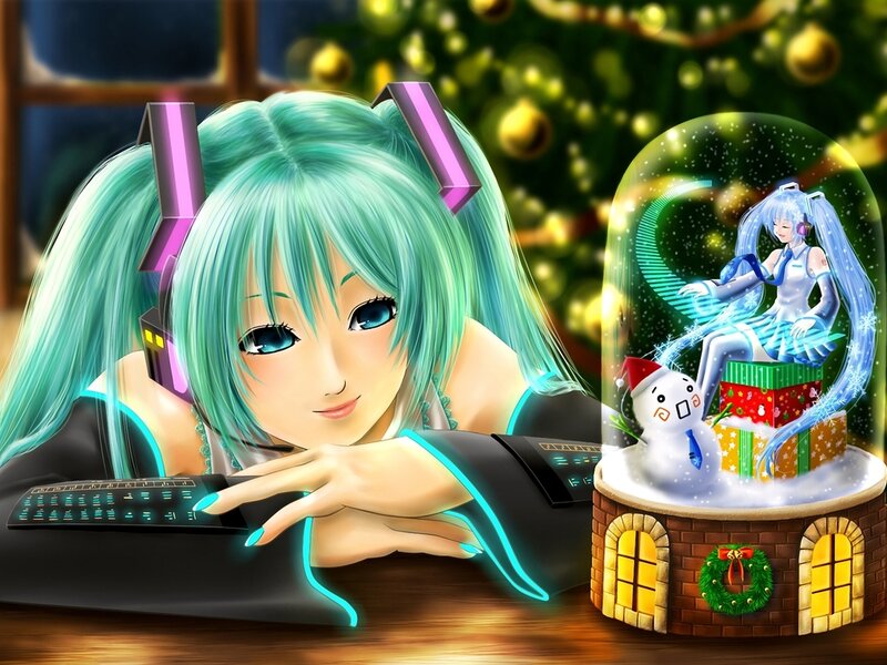 Green-haired Girl at Keyboard — Cyan