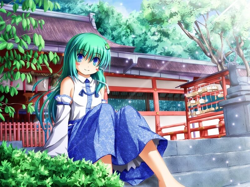 green-haired girl at shrine