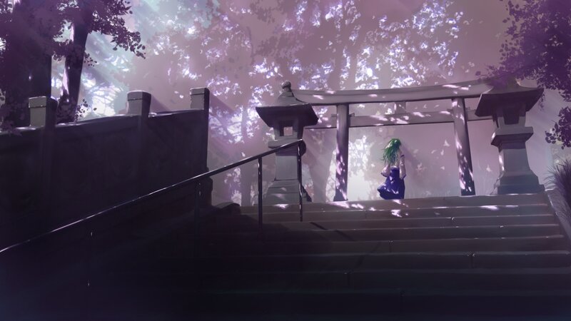 green-haired girl at shrine