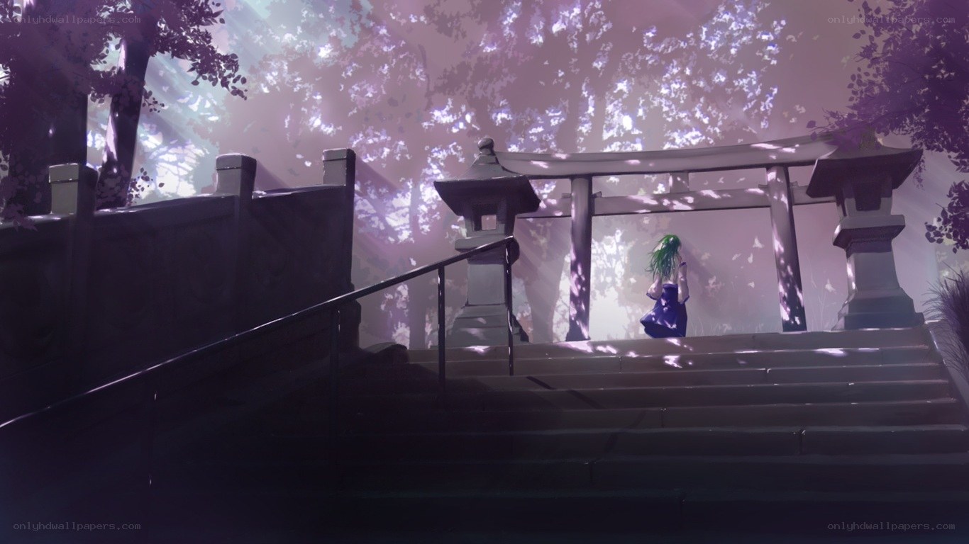 green-haired girl at shrine
