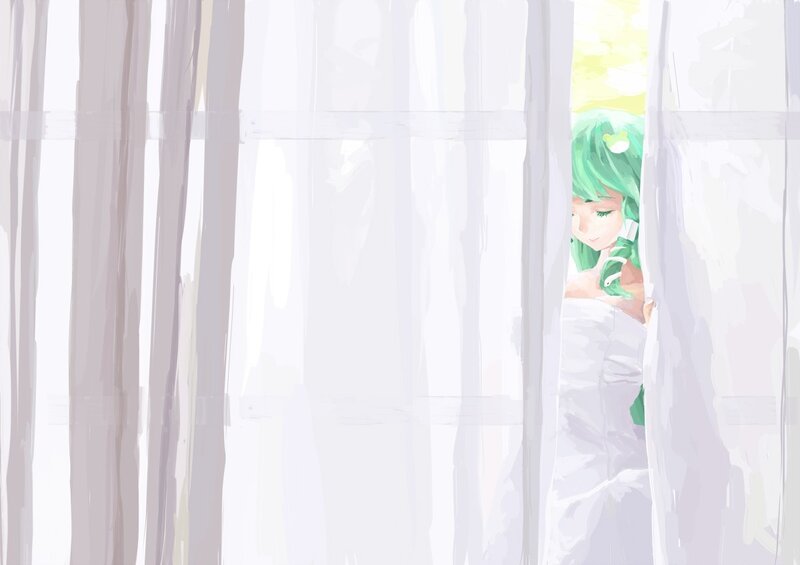 green-haired girl at window