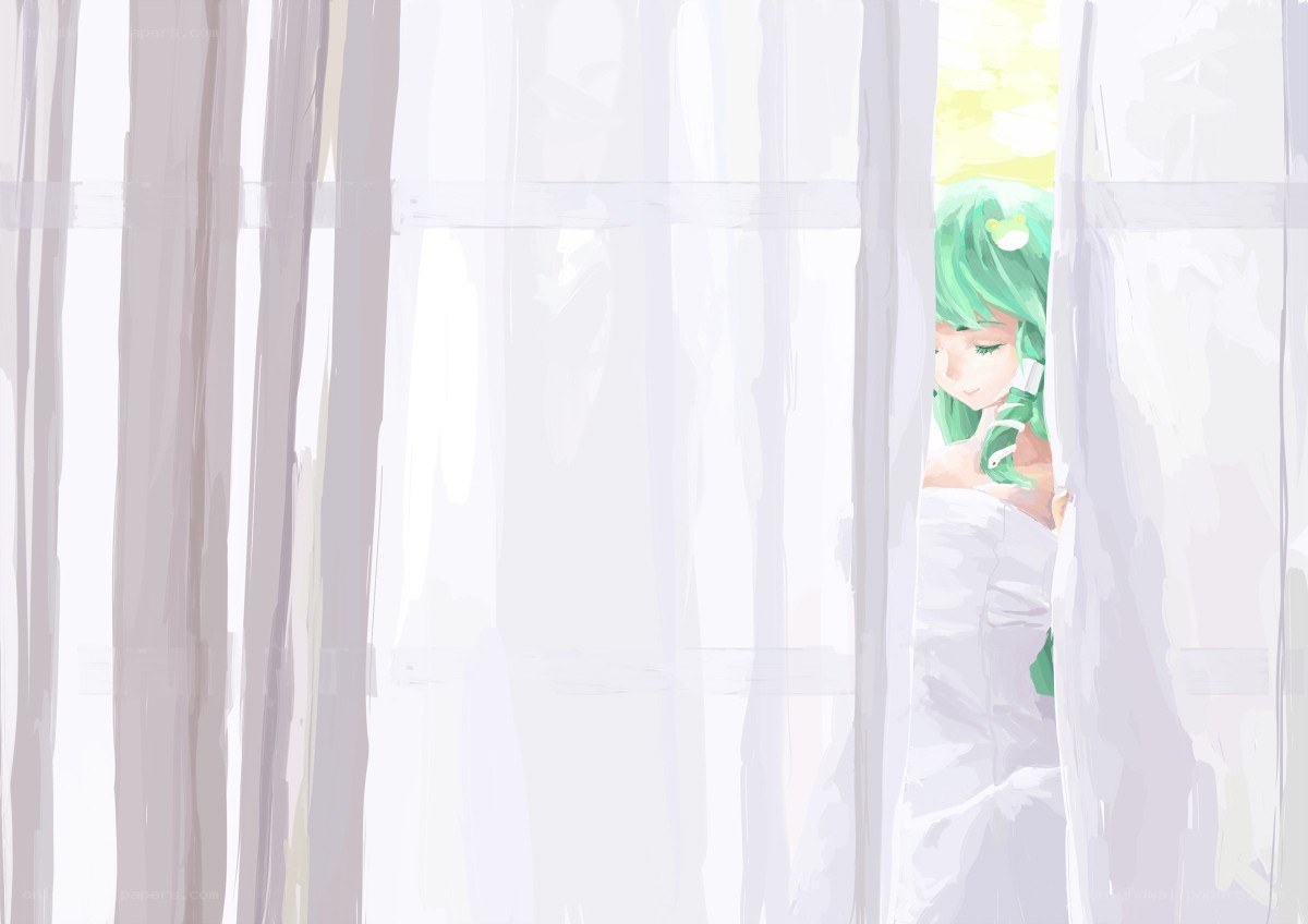 green-haired girl at window