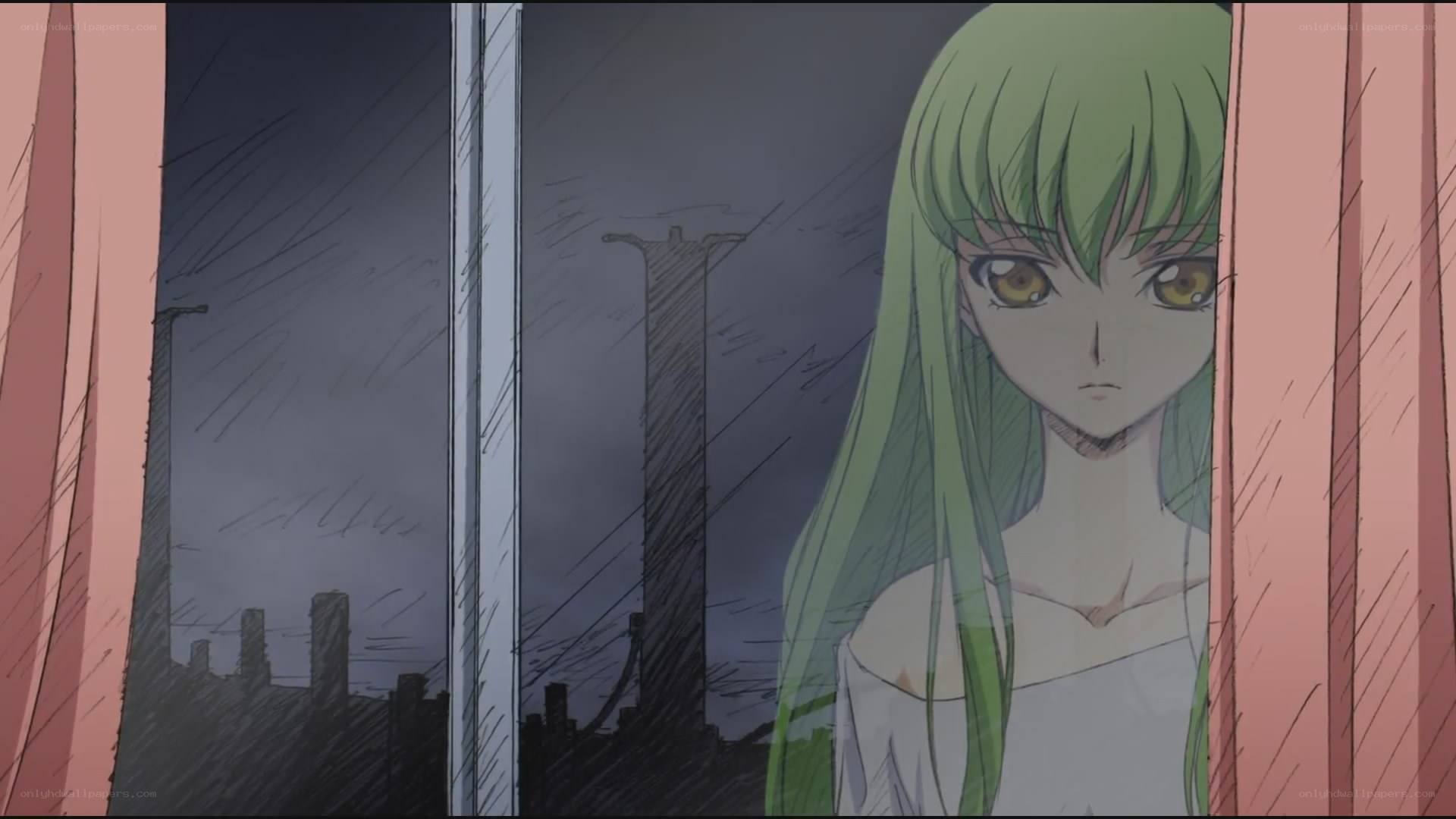 green-haired girl at window