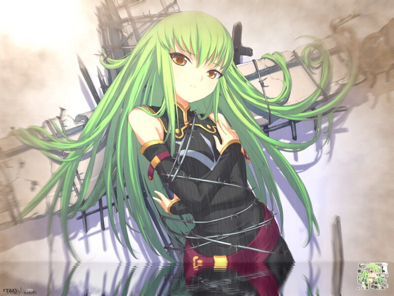 green-haired girl bound in barbed wire