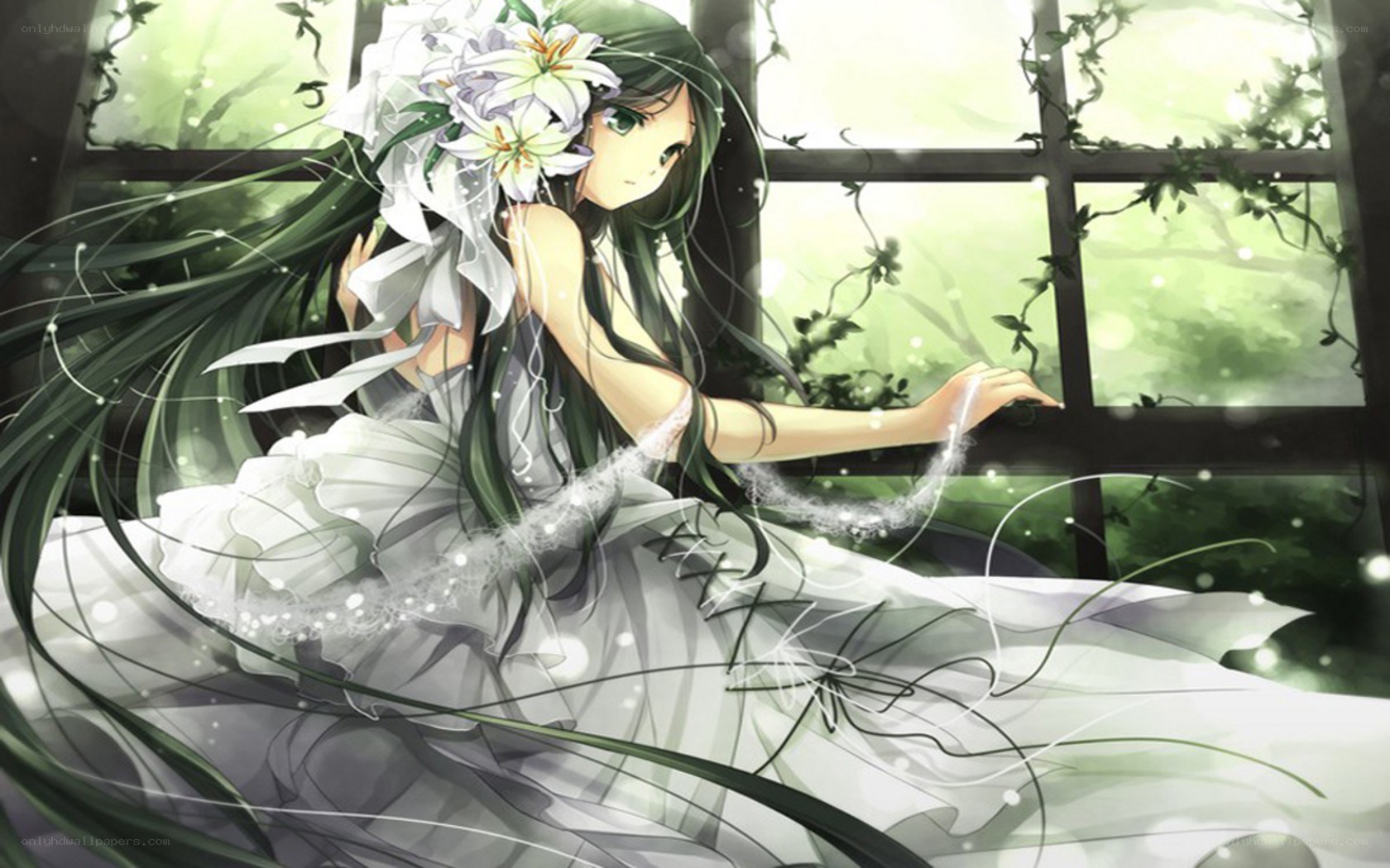 green-haired girl by window