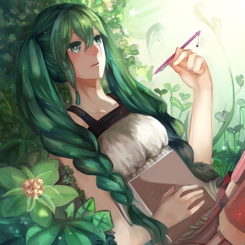 green-haired girl drawing in garden