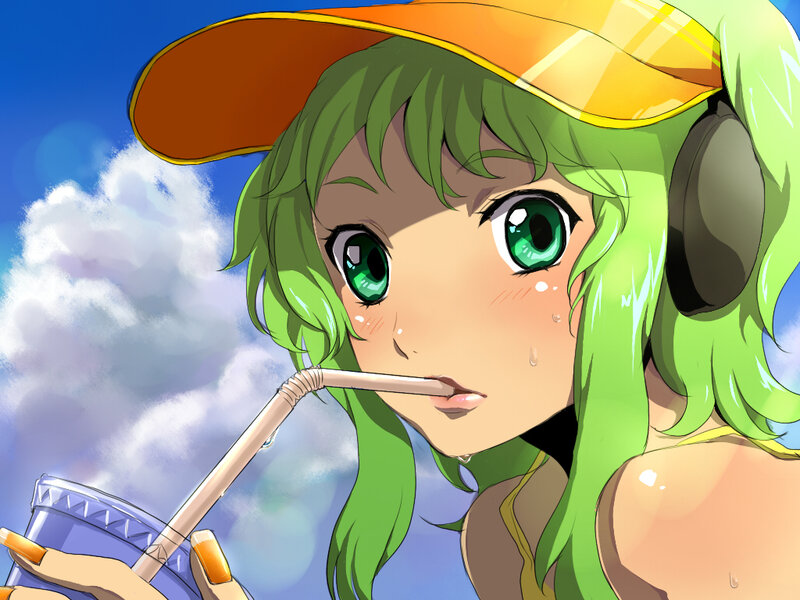 green-haired girl drinking soda