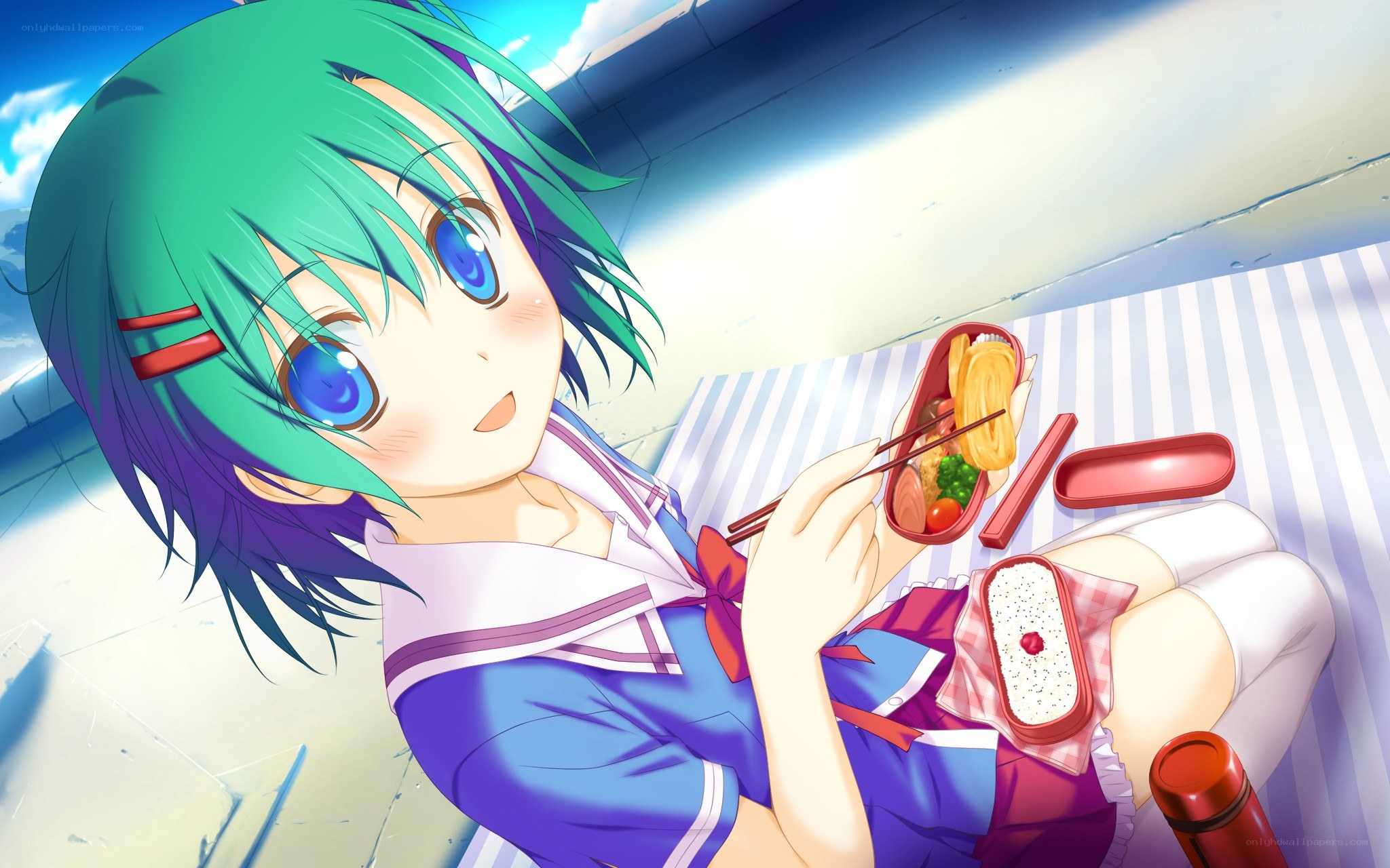 green-haired girl eating bento
