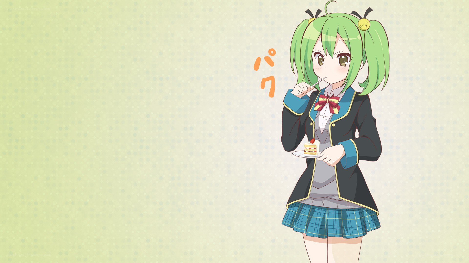 green-haired girl eating cake