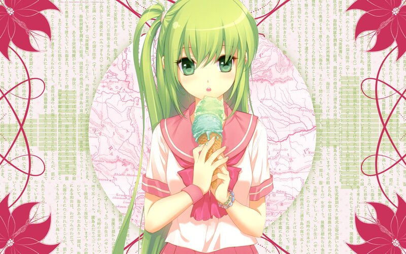 Green-haired girl eating ice cream