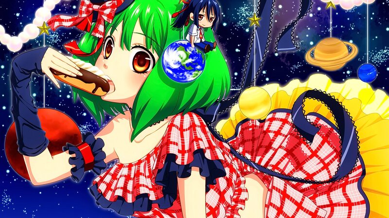 Green-haired Girl Eating Pastry — Green
