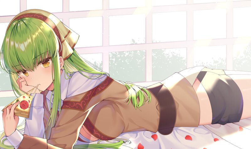 Green-haired Girl Eating Pizza — Green
