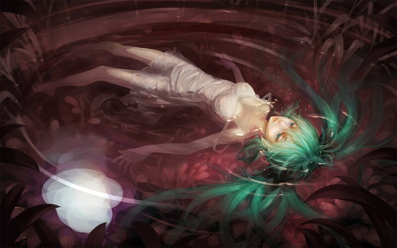 green-haired girl floating underwater