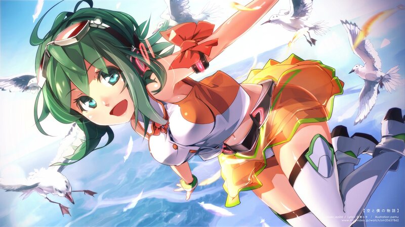 Green-haired girl flying with birds