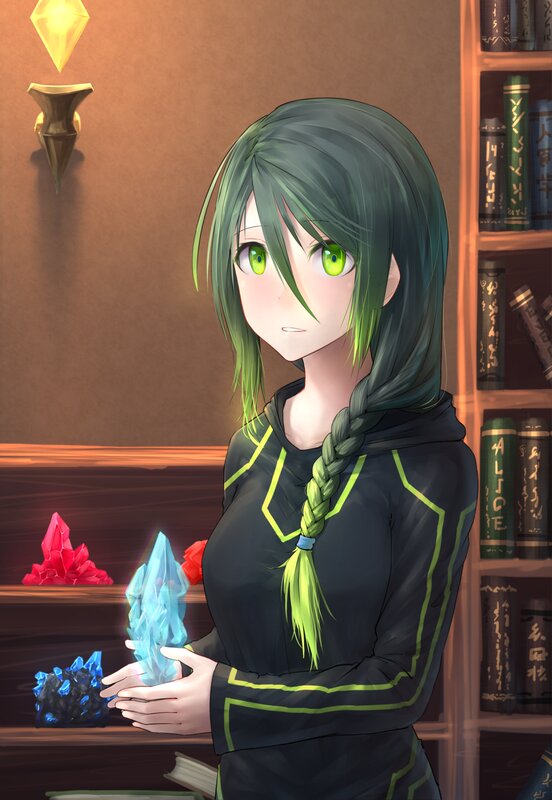Green-haired Girl Holding Crystal
