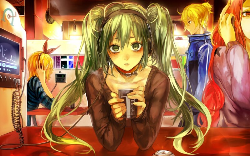 Green-haired Girl Holding Cup — Red