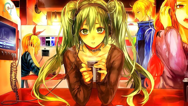 Green-haired Girl Holding Cup — Red, Warm