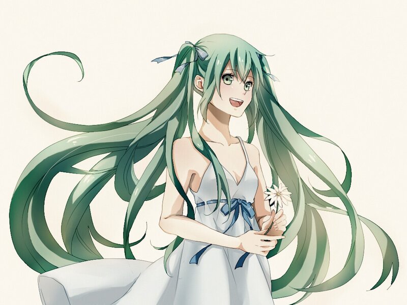 Green-haired Girl Holding Flower — Green