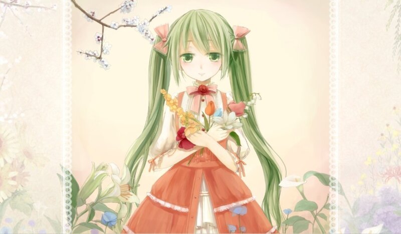 Green-haired Girl Holding Flowers — Green