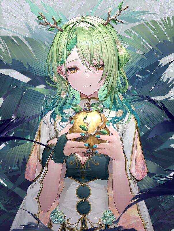 Green-haired Girl Holding Fruit