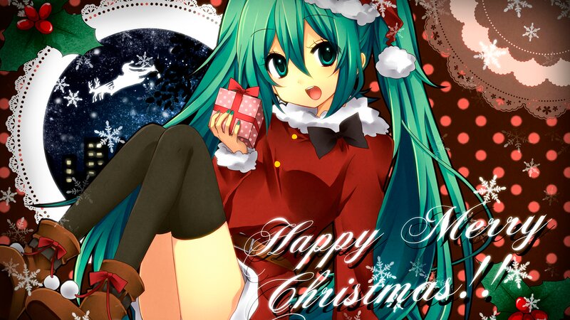 Green-haired Girl Holding Gift — Red, Festive, Winter, Digital Art