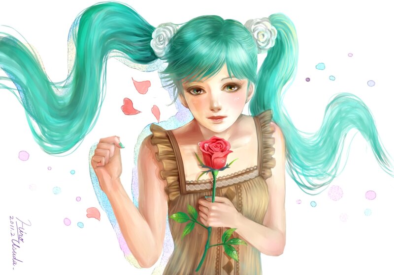 Green-haired Girl Holding Rose
