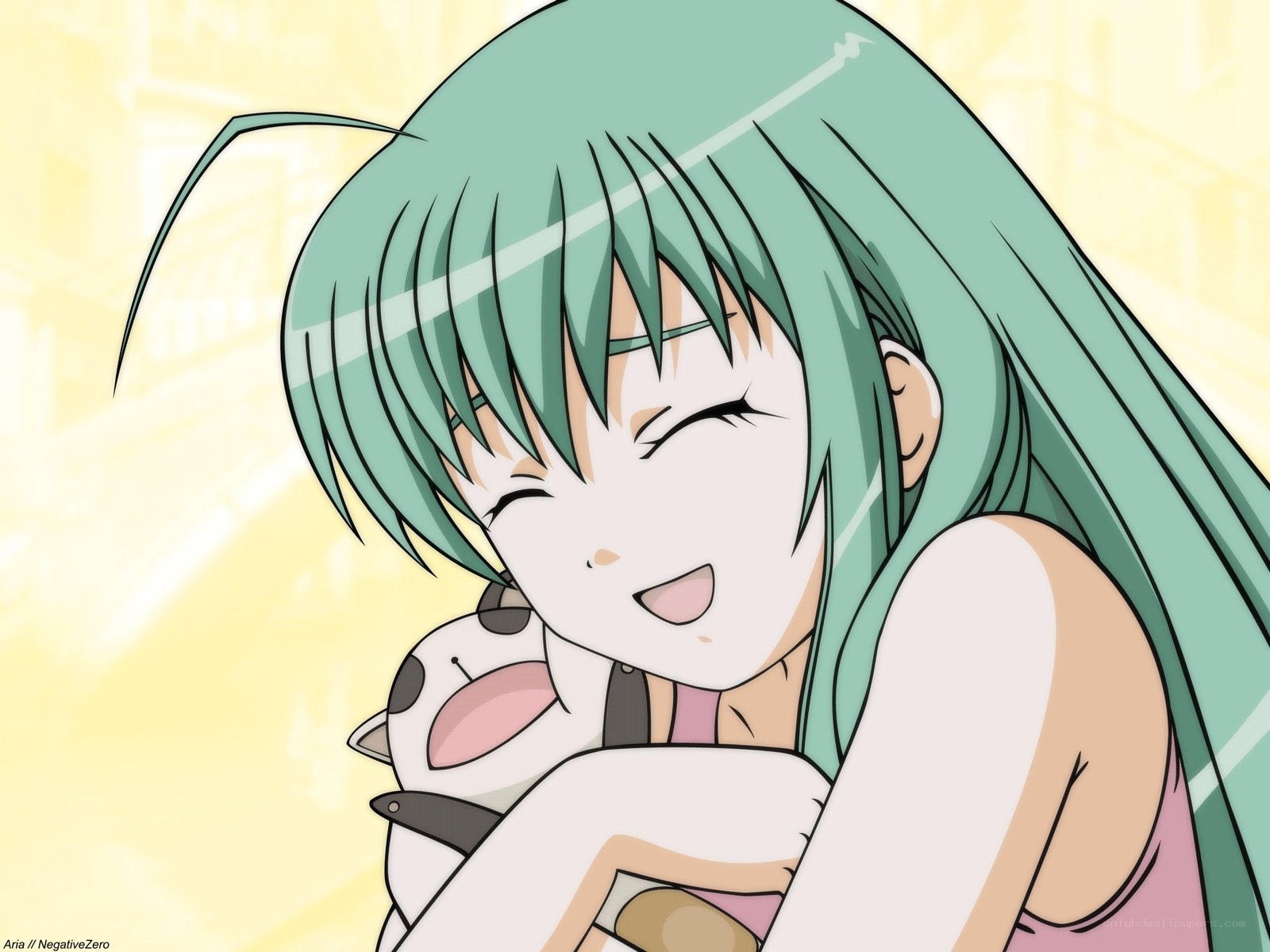 green-haired girl hugging a cat