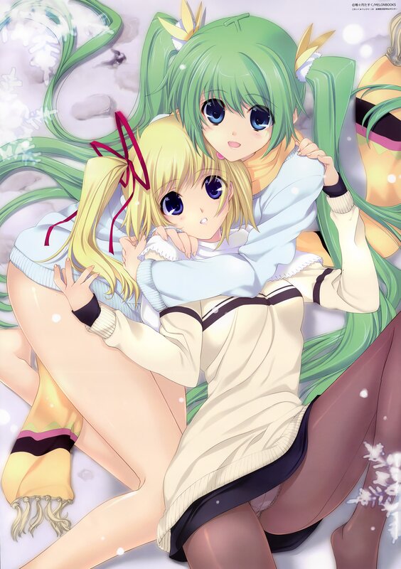 Green-haired girl hugging blonde friend