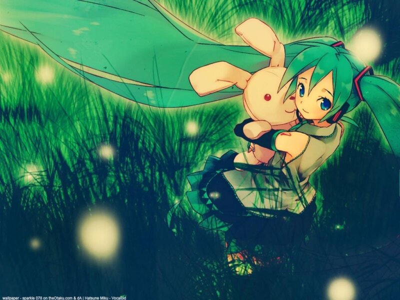 Green-haired Girl Hugging Bunny — Green
