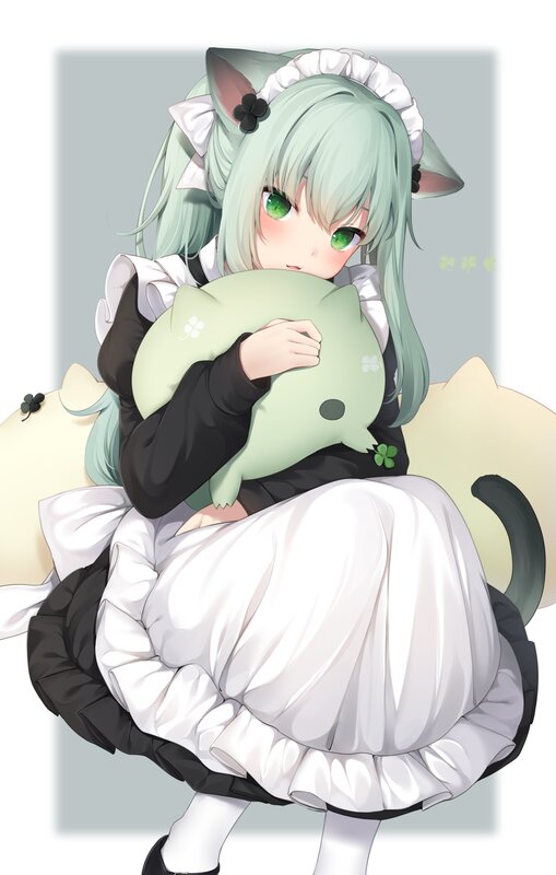 Green-haired Girl Hugging Pillow — White